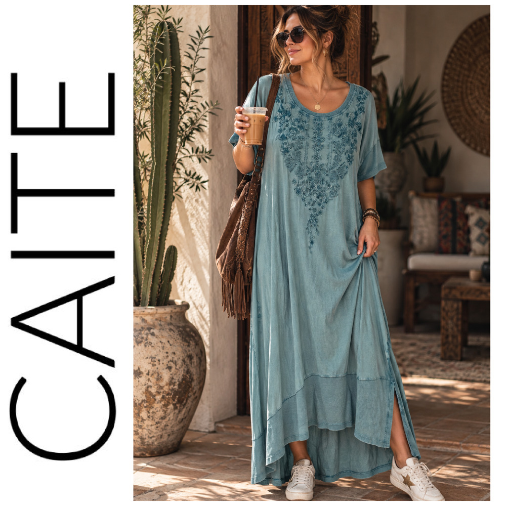 CAITE Sz XL Blue Mineral Wash Embroidered Cotton Maxi Dress Boho Lagenlook